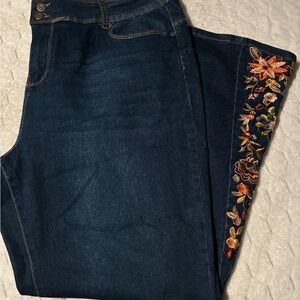 Embroidered Dark Blue Wide Leg Jeans